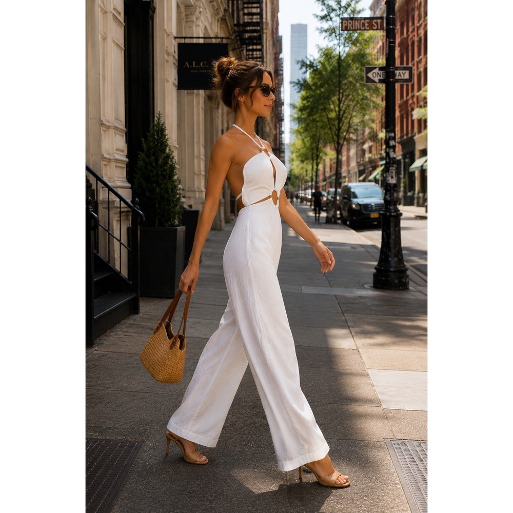 White Open Back Wide Leg Jumpsuit XS Beachy Chic Brunch Lunch Resort Vacation - Picture 2 of 4